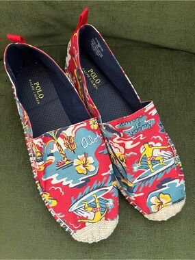 Polo Ralph Lauren BARRON Aloha Hawaiian Red Tropical Slip On unisex Sz. 10D